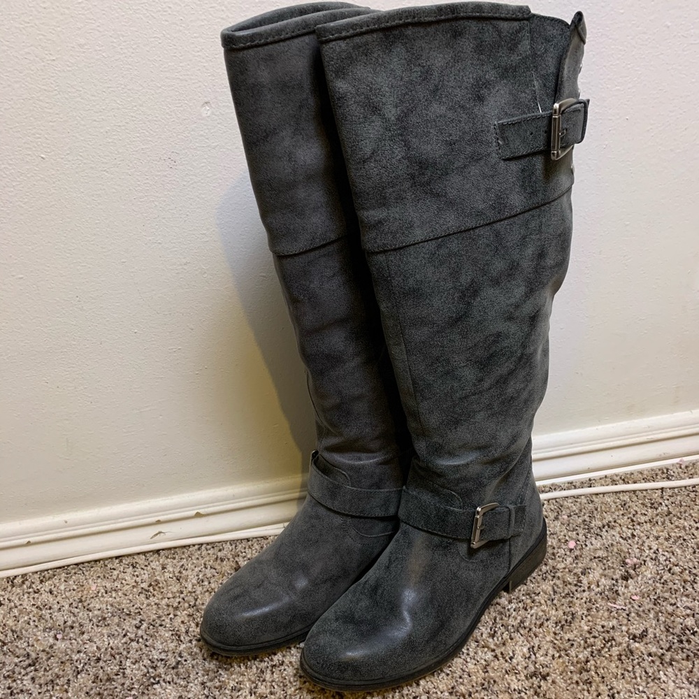 Madden Girl Gray Riding Boots Red Zipper Back 9.5